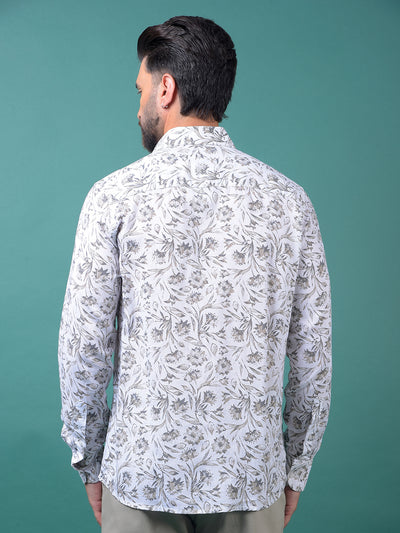 Green Floral Print Linen Shirt-Men Shirts-Crimsoune Club