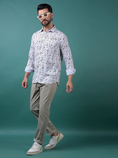 Green Floral Print Linen Shirt-Men Shirts-Crimsoune Club