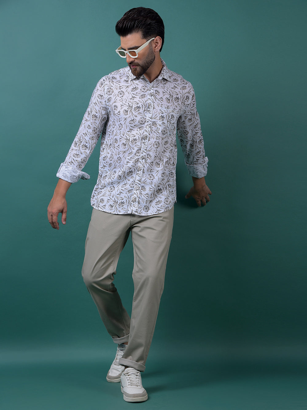 Green Floral Print Linen Shirt-Men Shirts-Crimsoune Club