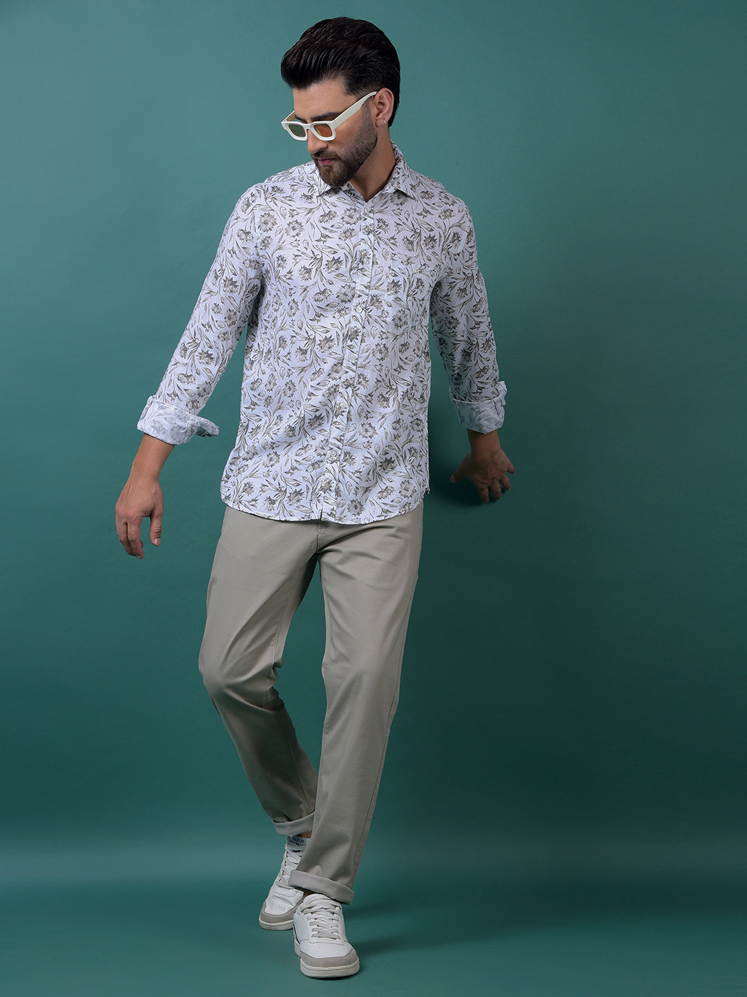 Green Floral Print Linen Shirt-Men Shirts-Crimsoune Club