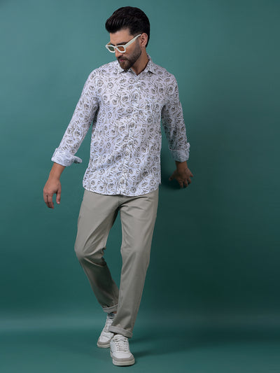 Green Floral Print Linen Shirt-Men Shirts-Crimsoune Club