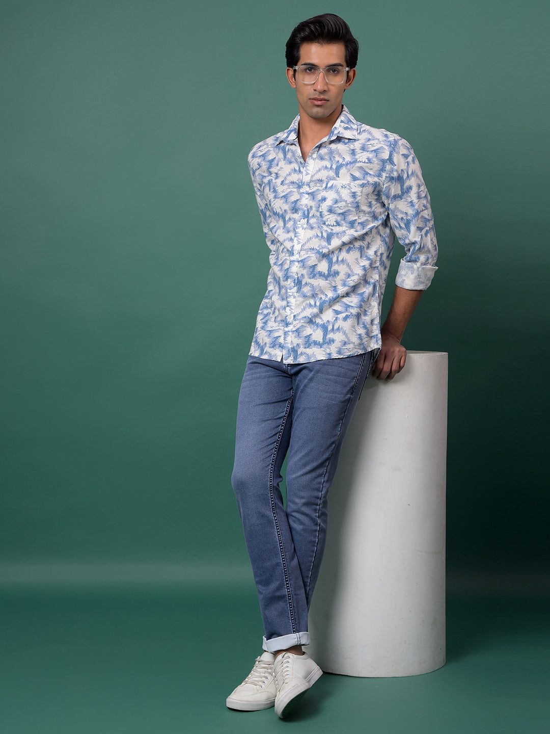 Blue Printed Linen Shirt-Men Shirts-Crimsoune Club