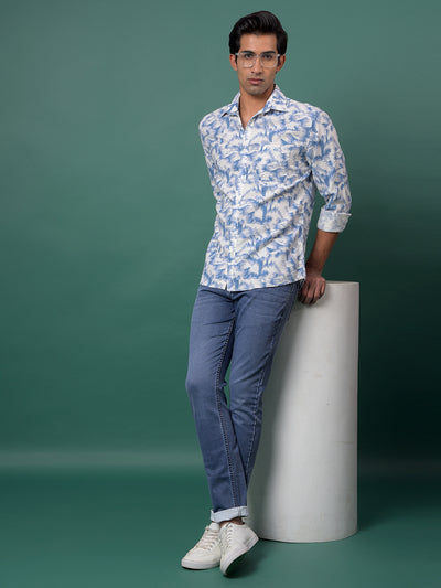 Blue Printed Linen Shirt-Men Shirts-Crimsoune Club