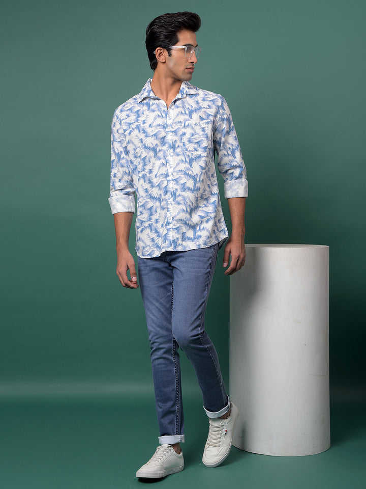 Blue Printed Linen Shirt-Men Shirts-Crimsoune Club