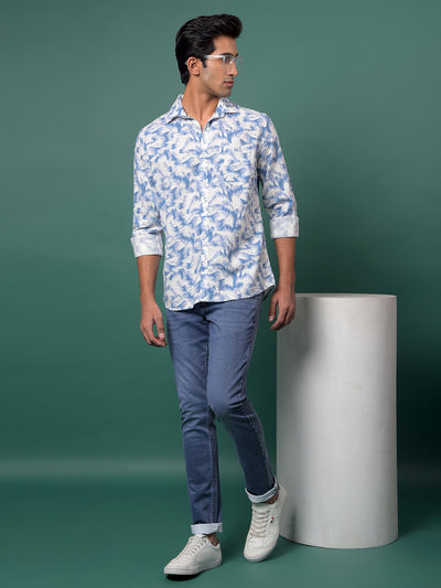 Blue Printed Linen Shirt-Men Shirts-Crimsoune Club