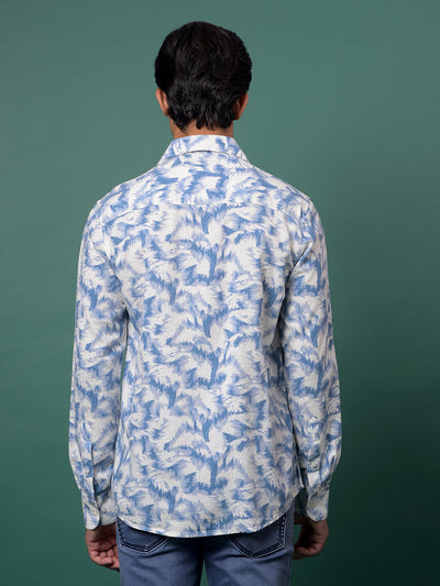 Blue Printed Linen Shirt-Men Shirts-Crimsoune Club