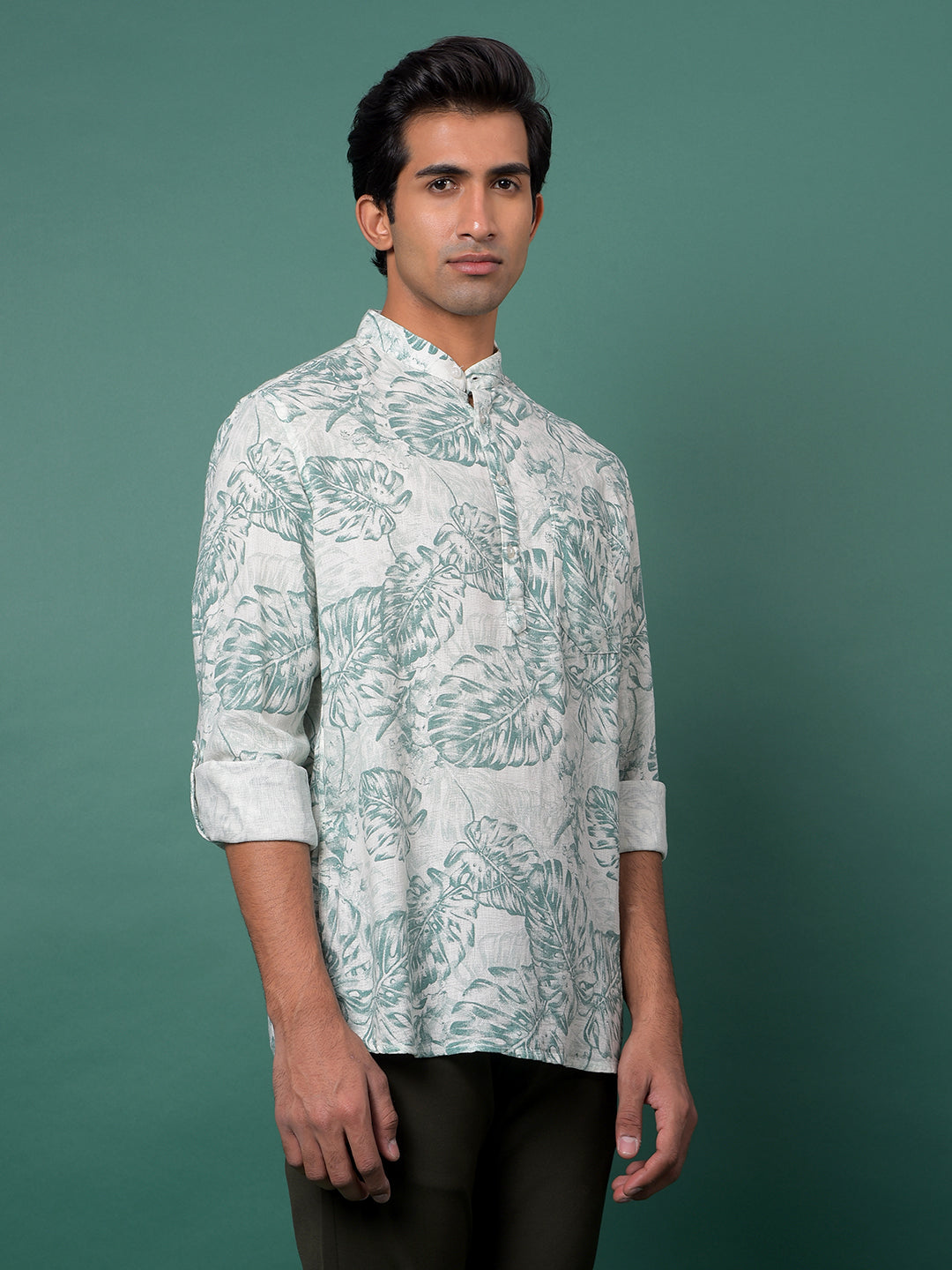 Green Floral Print Kurta-Men Kurtas-Crimsoune Club