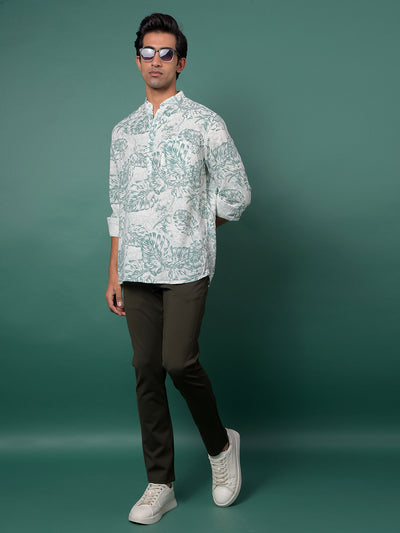 Green Floral Print Kurta-Men Kurtas-Crimsoune Club