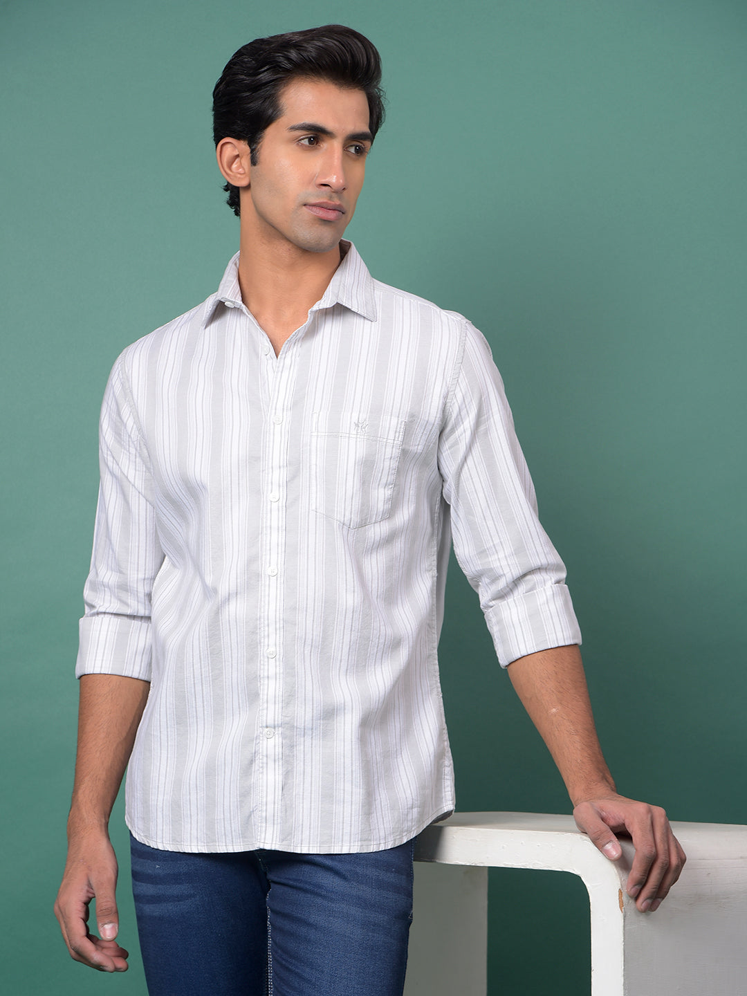 Green Vertical Stripes 100% Cotton Shirt-Men Shirts-Crimsoune Club
