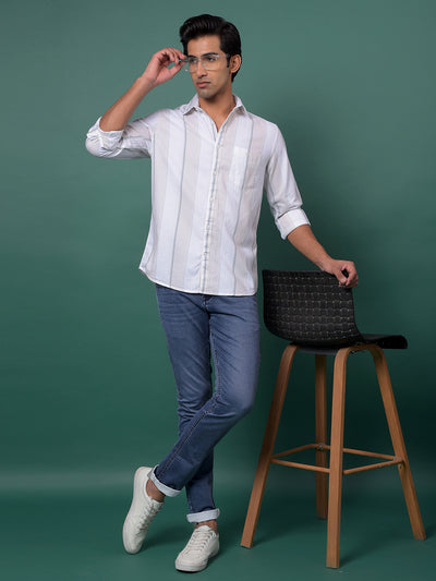 Beige Vertical Stripes 100% Cotton Shirt-Men Shirts-Crimsoune Club
