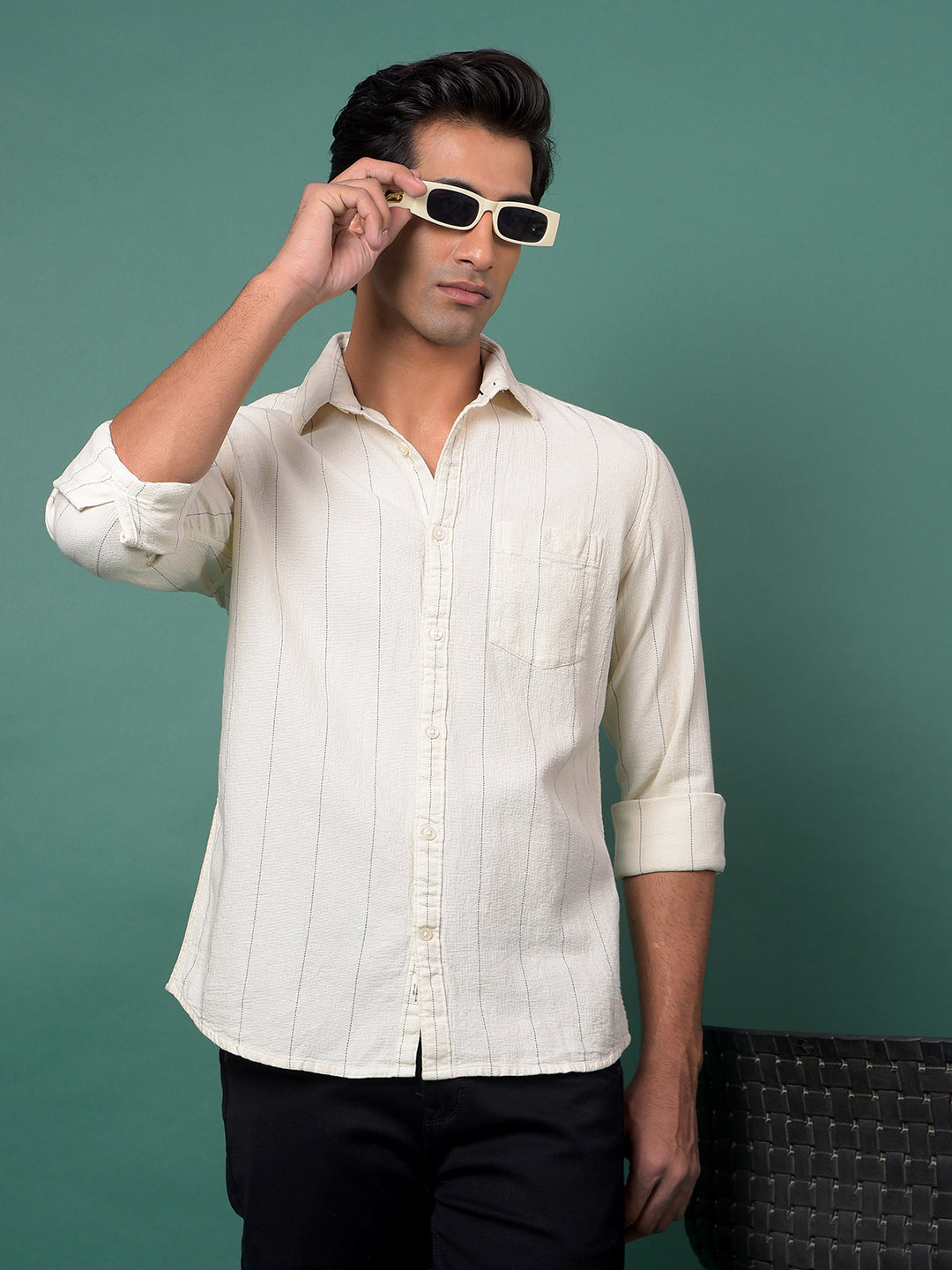 Off White Vertical Stripes 100% Cotton Shirt-Men Shirts-Crimsoune Club