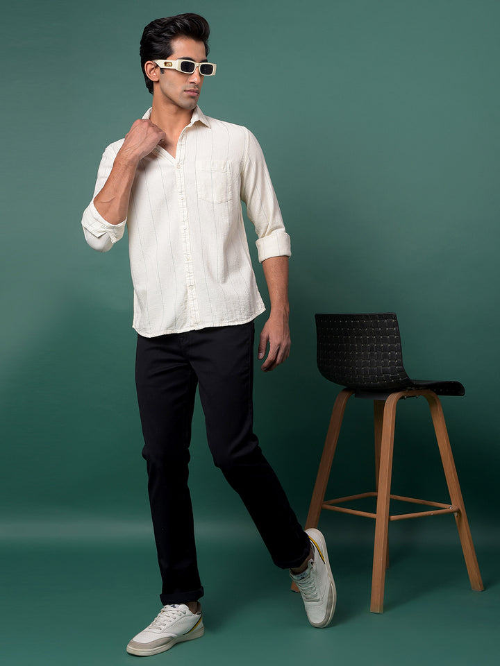 Off White Vertical Stripes 100% Cotton Shirt-Men Shirts-Crimsoune Club