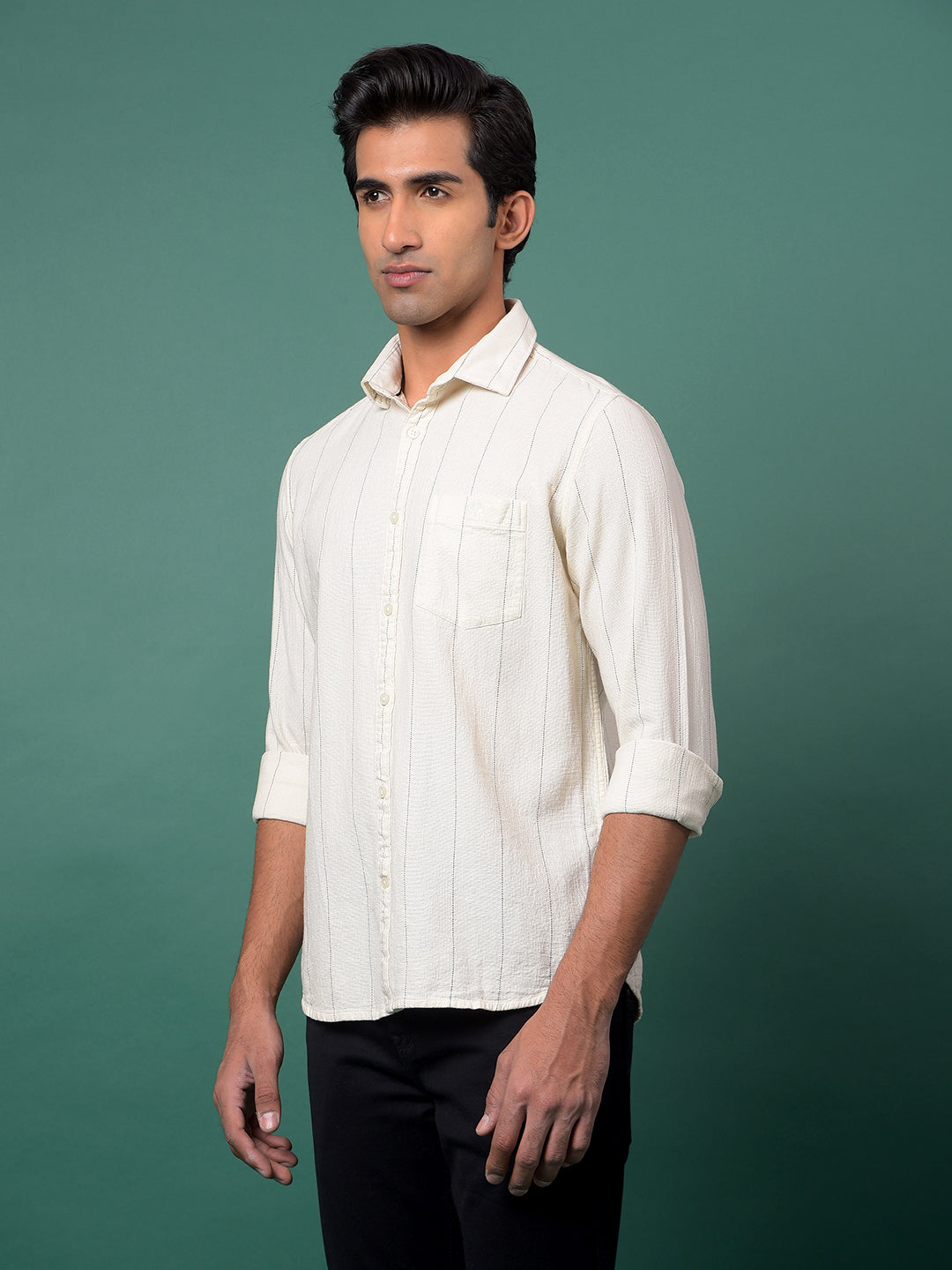 Off White Vertical Stripes 100% Cotton Shirt-Men Shirts-Crimsoune Club