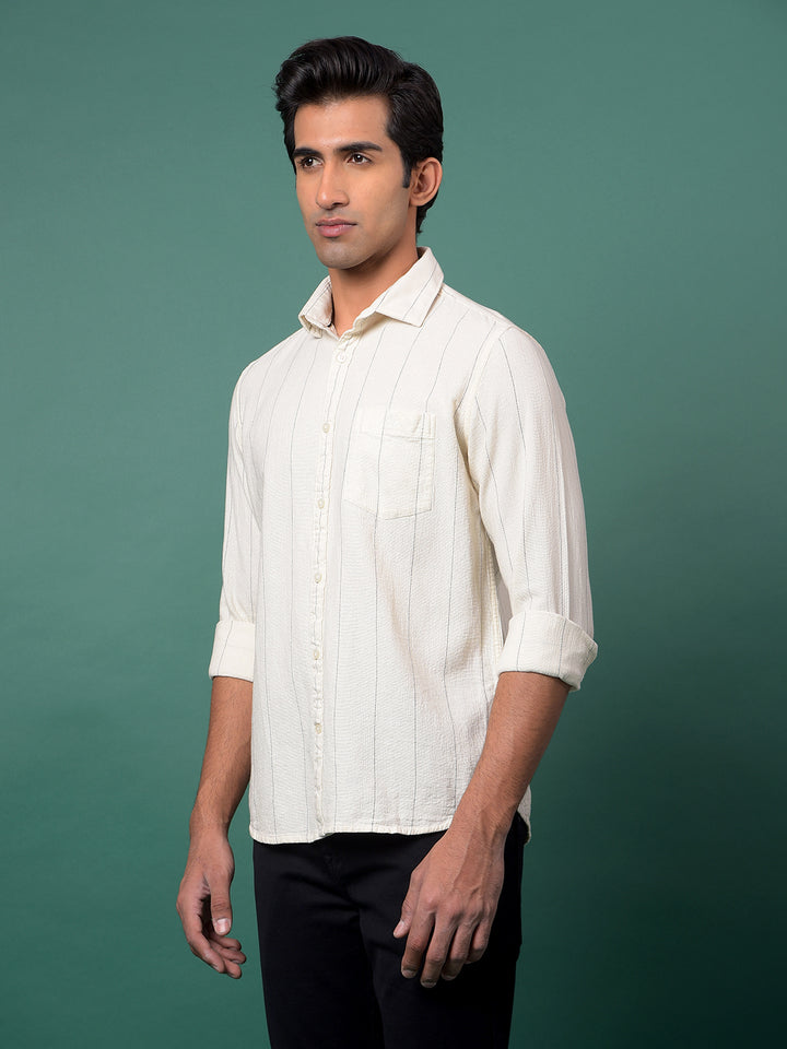 Off White Vertical Stripes 100% Cotton Shirt-Men Shirts-Crimsoune Club