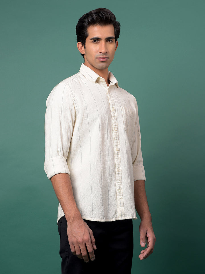 Off White Vertical Stripes 100% Cotton Shirt-Men Shirts-Crimsoune Club