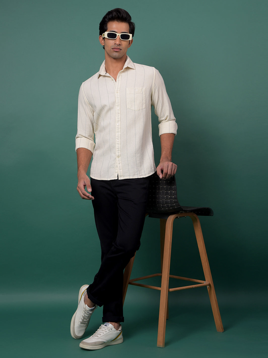 Off White Vertical Stripes 100% Cotton Shirt-Men Shirts-Crimsoune Club