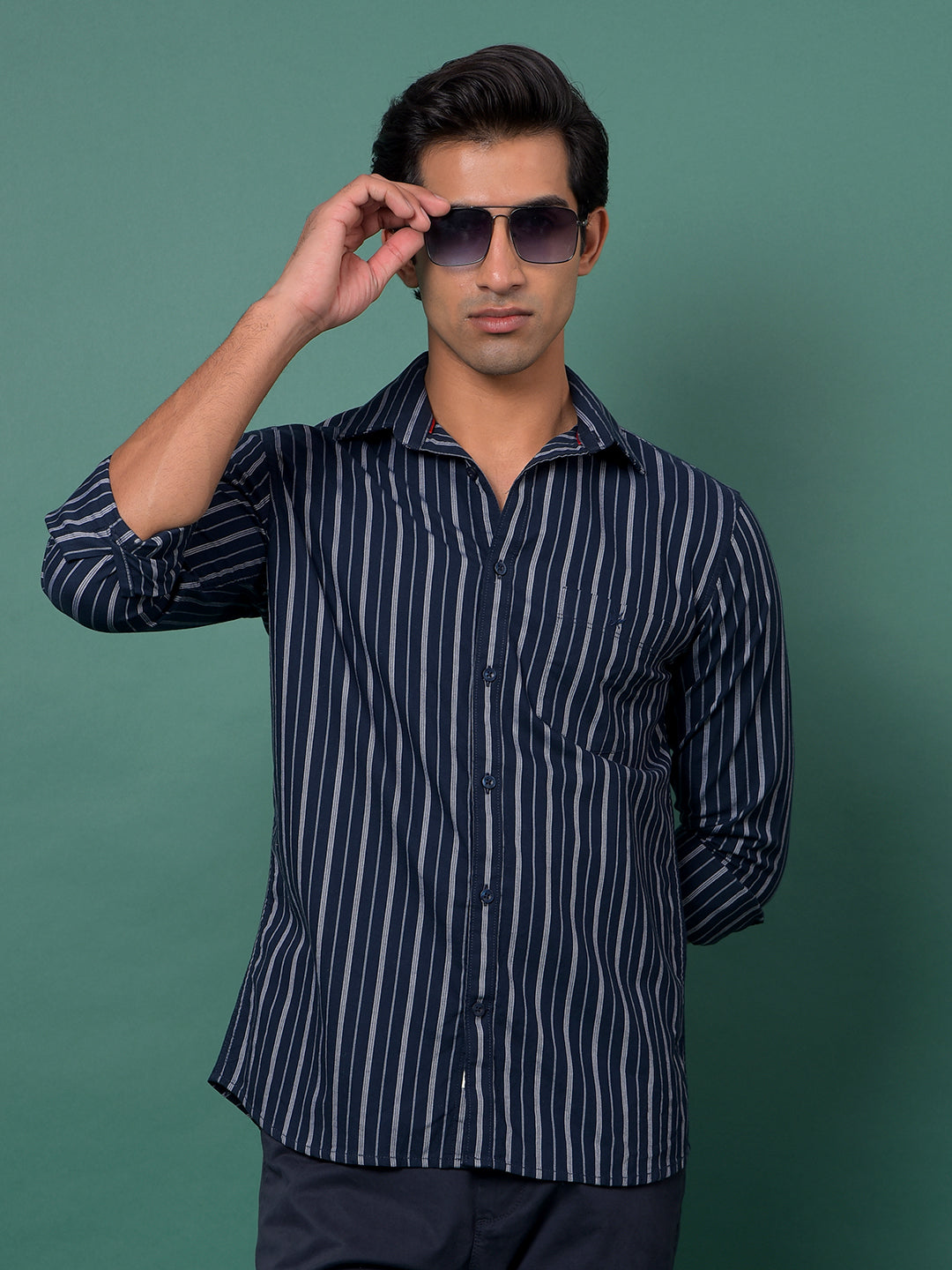 Navy Blue Vertical Stripes 100% Cotton Shirt-Men Shirts-Crimsoune Club