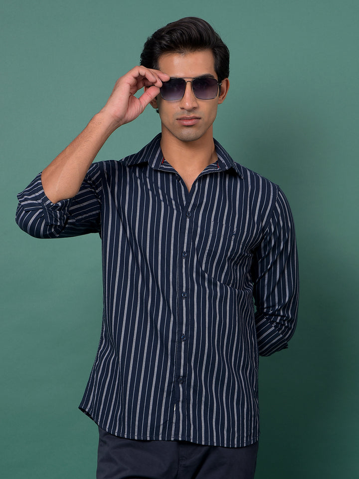 Navy Blue Vertical Stripes 100% Cotton Shirt-Men Shirts-Crimsoune Club
