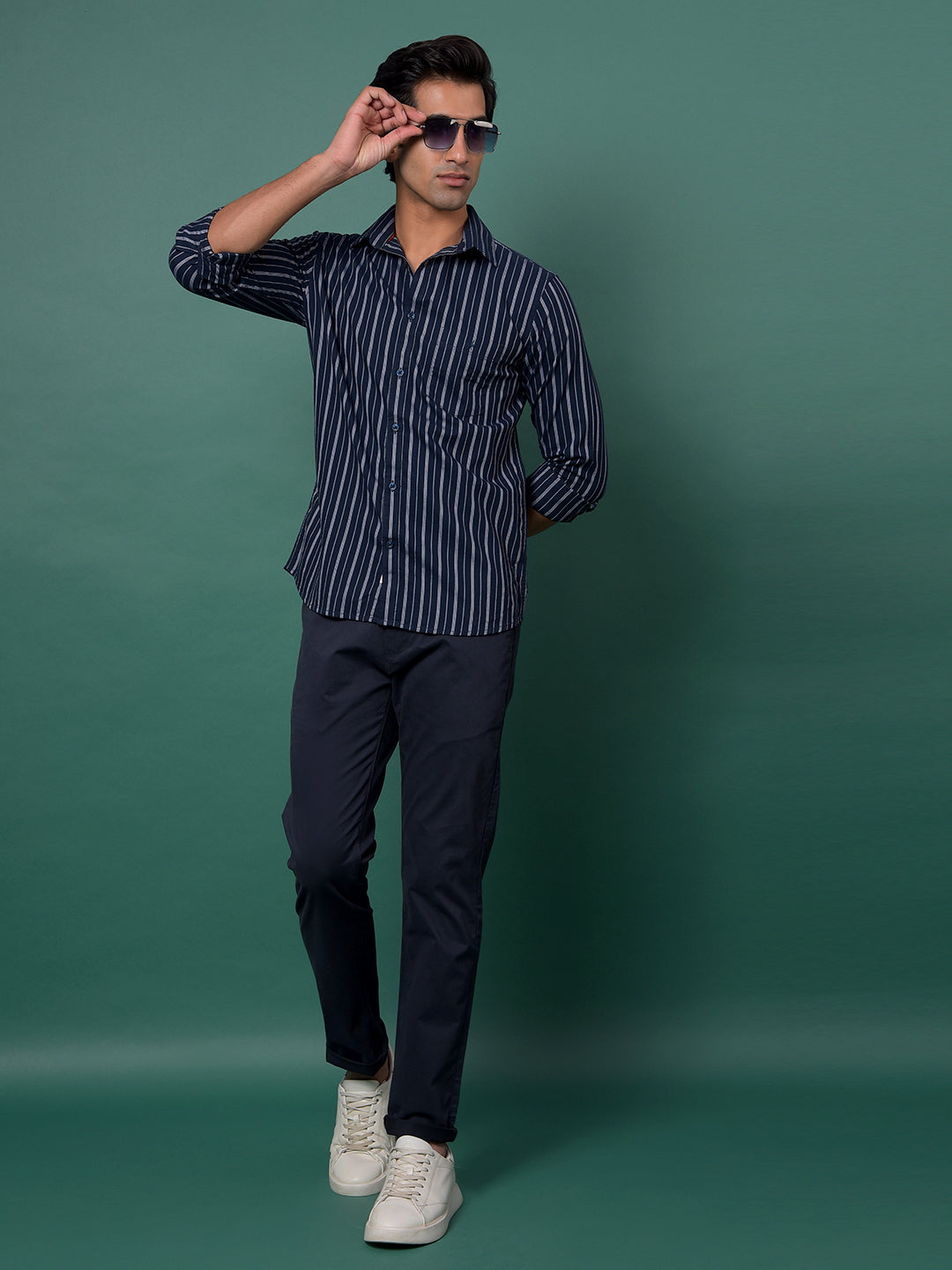 Navy Blue Vertical Stripes 100% Cotton Shirt-Men Shirts-Crimsoune Club
