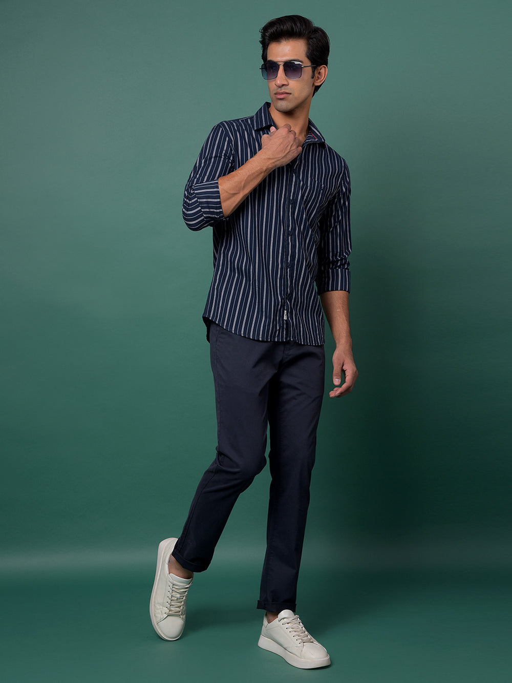 Navy Blue Vertical Stripes 100% Cotton Shirt-Men Shirts-Crimsoune Club