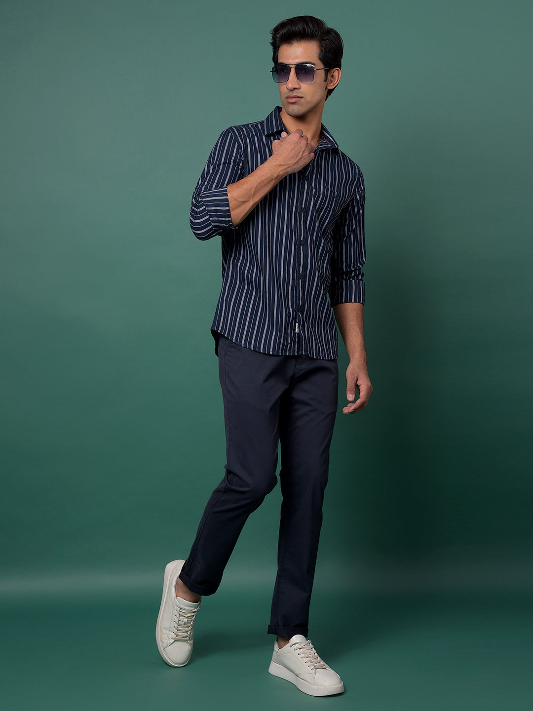 Navy Blue Vertical Stripes 100% Cotton Shirt-Men Shirts-Crimsoune Club