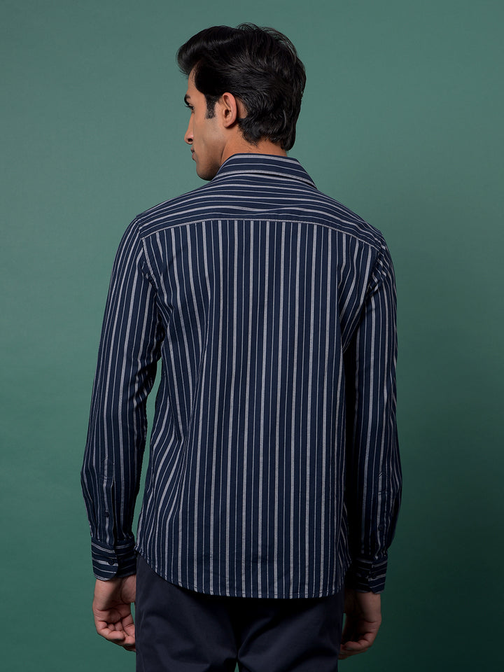 Navy Blue Vertical Stripes 100% Cotton Shirt-Men Shirts-Crimsoune Club