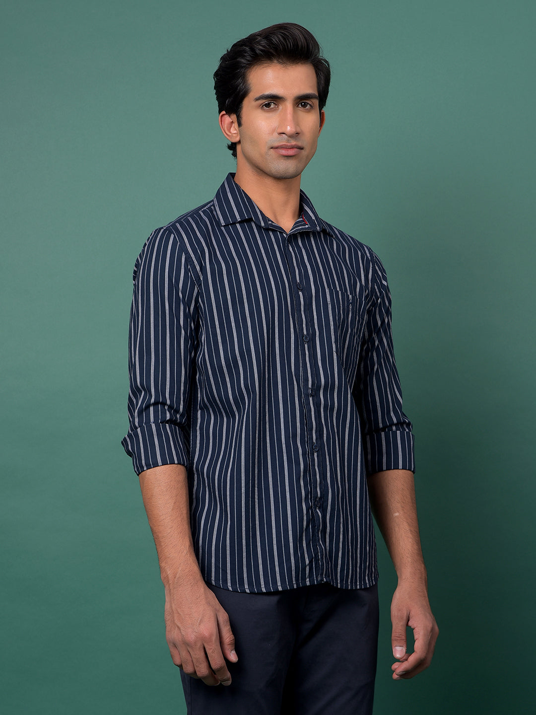 Navy Blue Vertical Stripes 100% Cotton Shirt-Men Shirts-Crimsoune Club