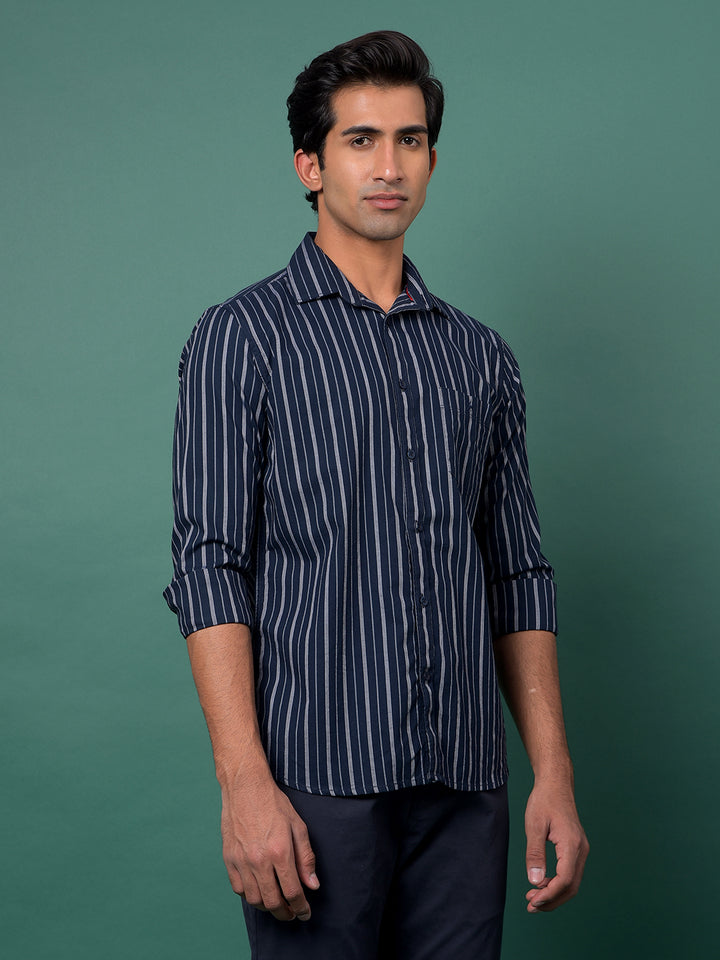 Navy Blue Vertical Stripes 100% Cotton Shirt-Men Shirts-Crimsoune Club
