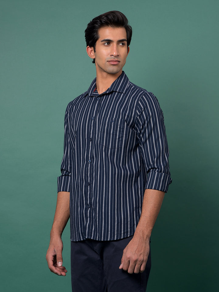 Navy Blue Vertical Stripes 100% Cotton Shirt-Men Shirts-Crimsoune Club