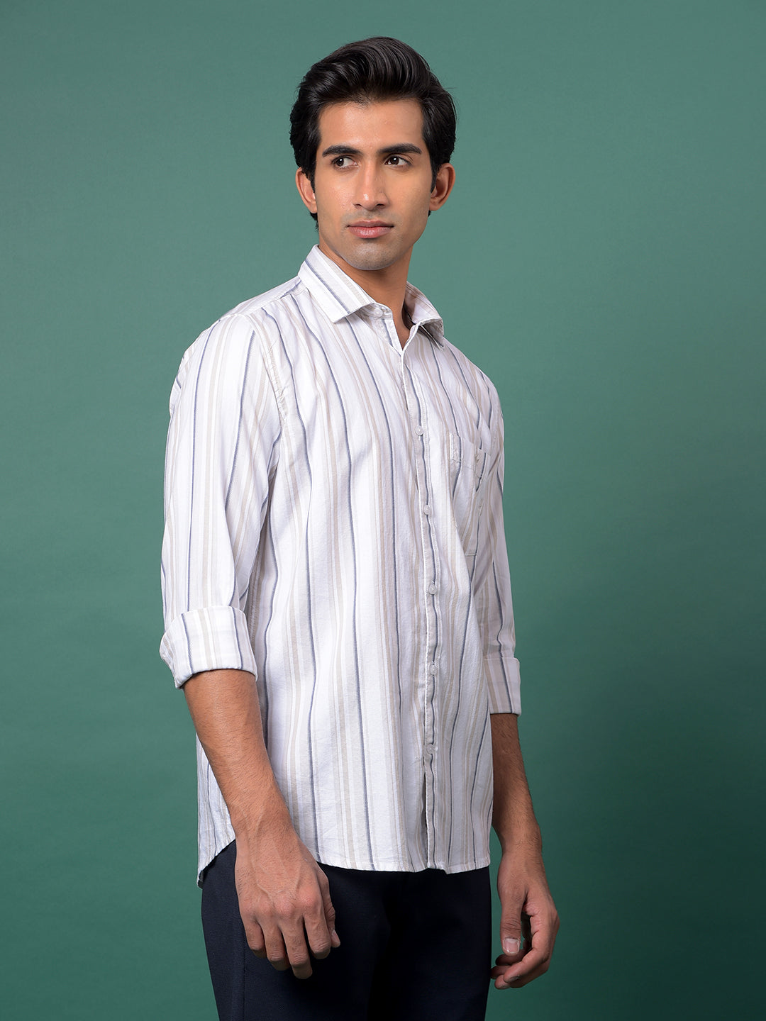 Beige Vertical Stripes 100% Cotton Shirt-Men Shirts-Crimsoune Club