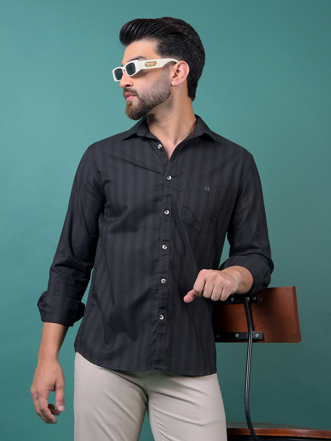 Green Vertical Stripes 100% Cotton Shirt-Men Shirts-Crimsoune Club