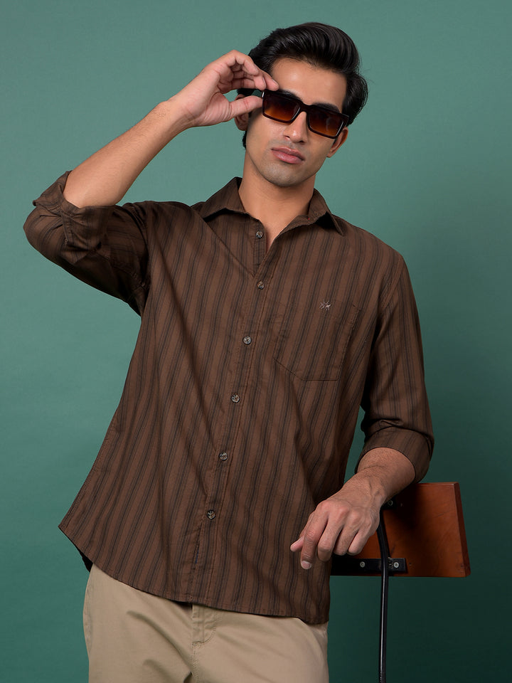 Brown Vertical Stripes 100% Cotton Shirt-Men Shirts-Crimsoune Club