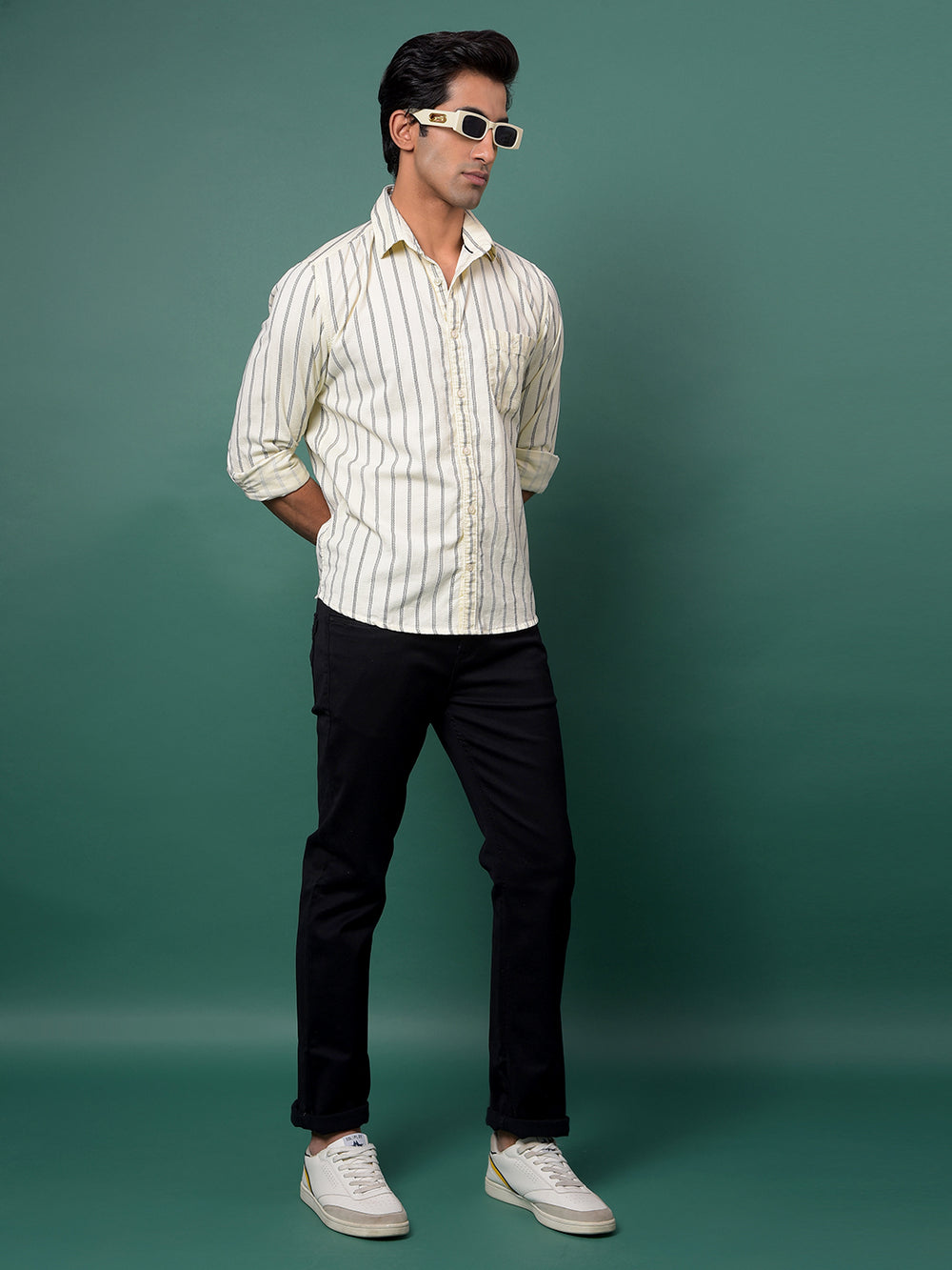 Off White Vertical Stripes 100% Cotton Shirt-Men Shirts-Crimsoune Club