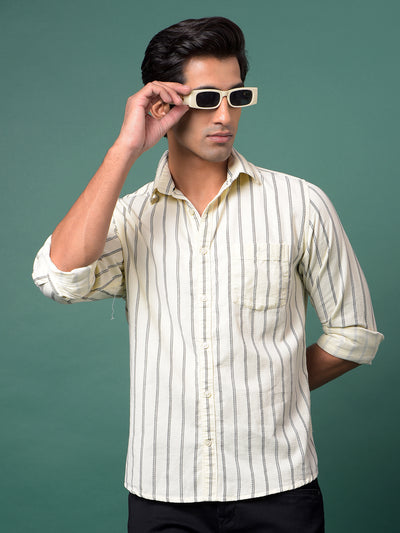 Off White Vertical Stripes 100% Cotton Shirt-Men Shirts-Crimsoune Club
