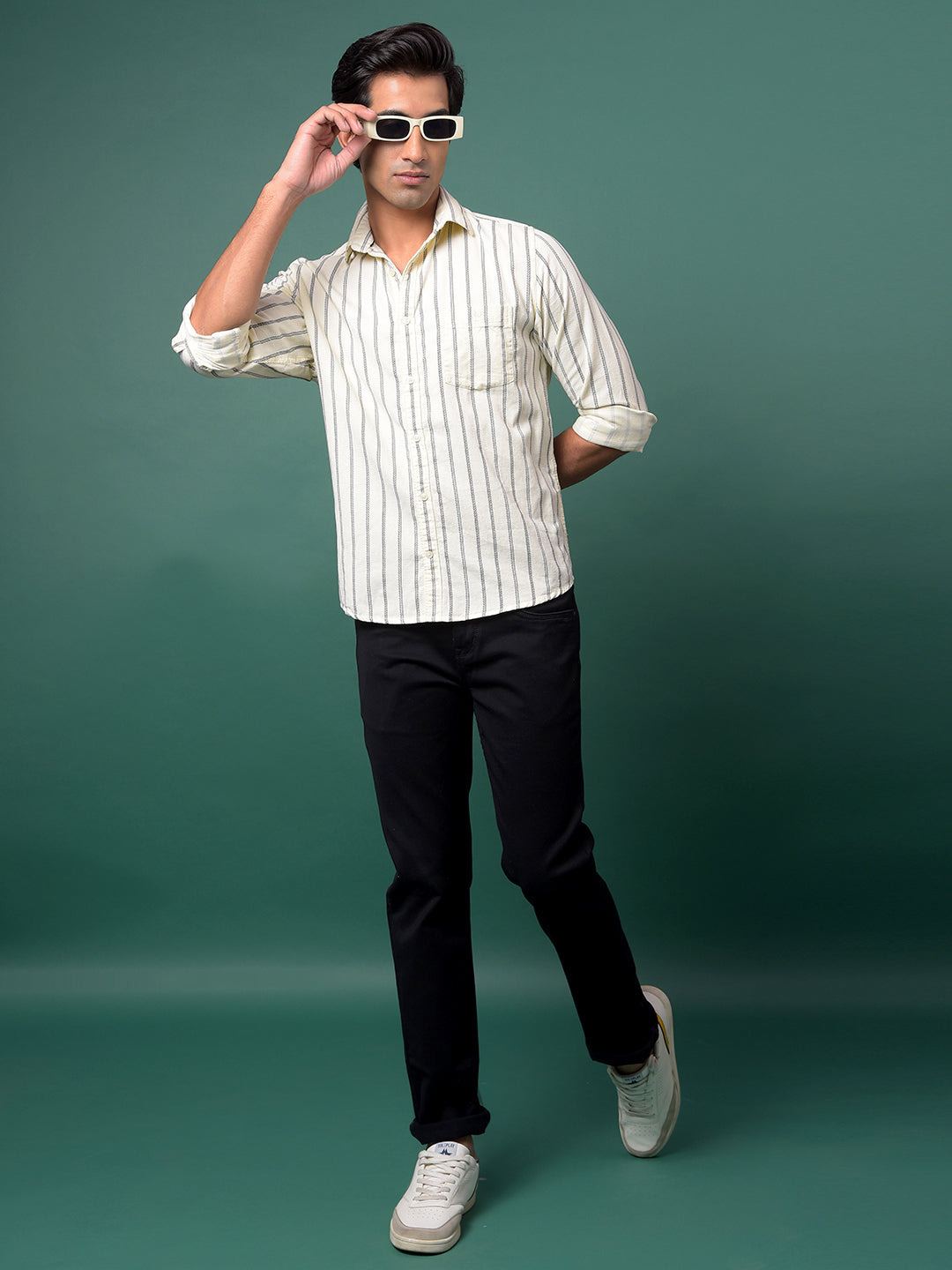 Off White Vertical Stripes 100% Cotton Shirt-Men Shirts-Crimsoune Club