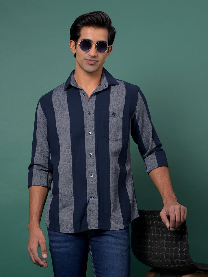 Navy Blue Vertical Stripes 100% Cotton Shirt-Men Shirts-Crimsoune Club