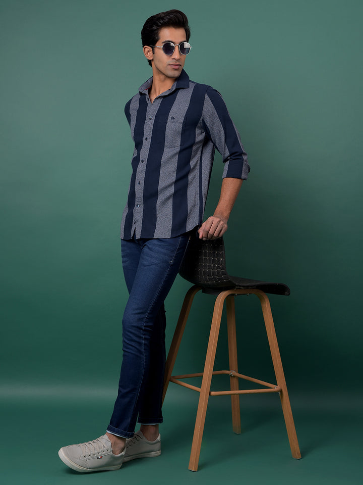 Navy Blue Vertical Stripes 100% Cotton Shirt-Men Shirts-Crimsoune Club