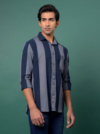 Navy Blue Vertical Stripes 100% Cotton Shirt-Men Shirts-Crimsoune Club