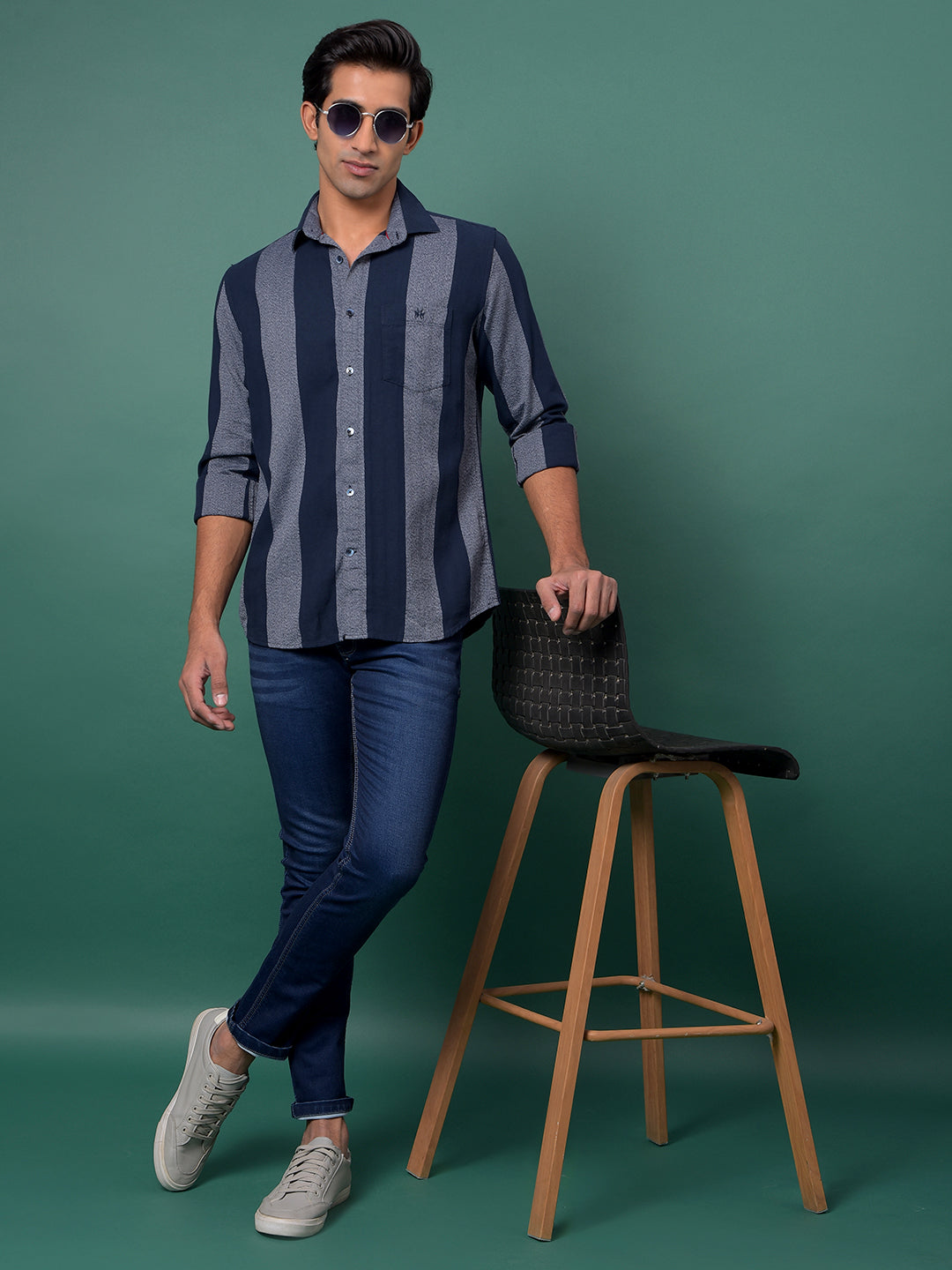 Navy Blue Vertical Stripes 100% Cotton Shirt-Men Shirts-Crimsoune Club