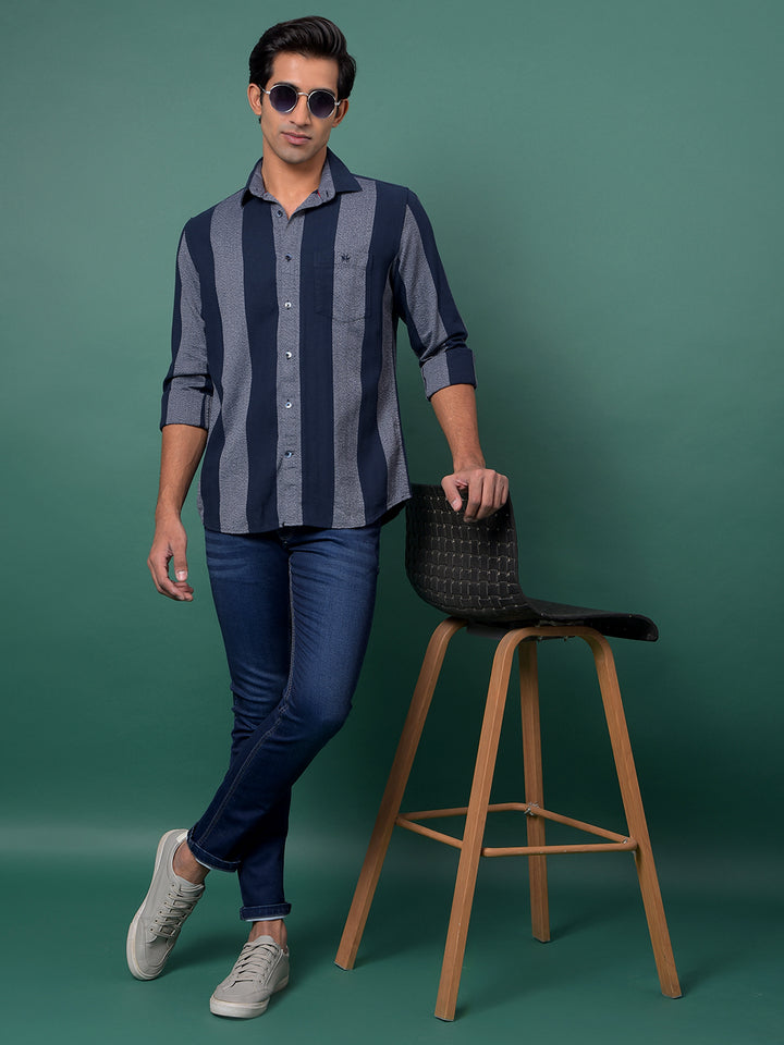 Navy Blue Vertical Stripes 100% Cotton Shirt-Men Shirts-Crimsoune Club