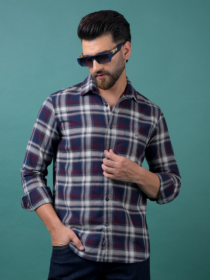 Navy Blue Checked 100% Cotton Shirt-Men Shirts-Crimsoune Club