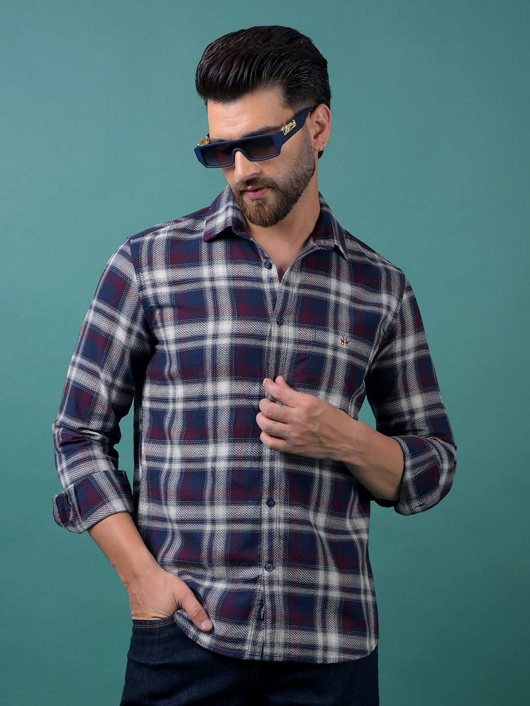 Navy Blue Checked 100% Cotton Shirt-Men Shirts-Crimsoune Club