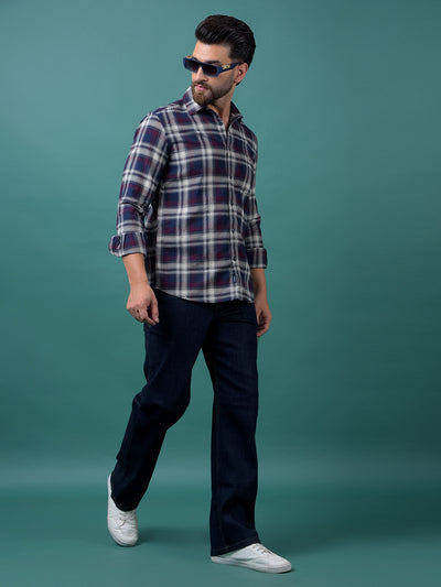Navy Blue Checked 100% Cotton Shirt-Men Shirts-Crimsoune Club