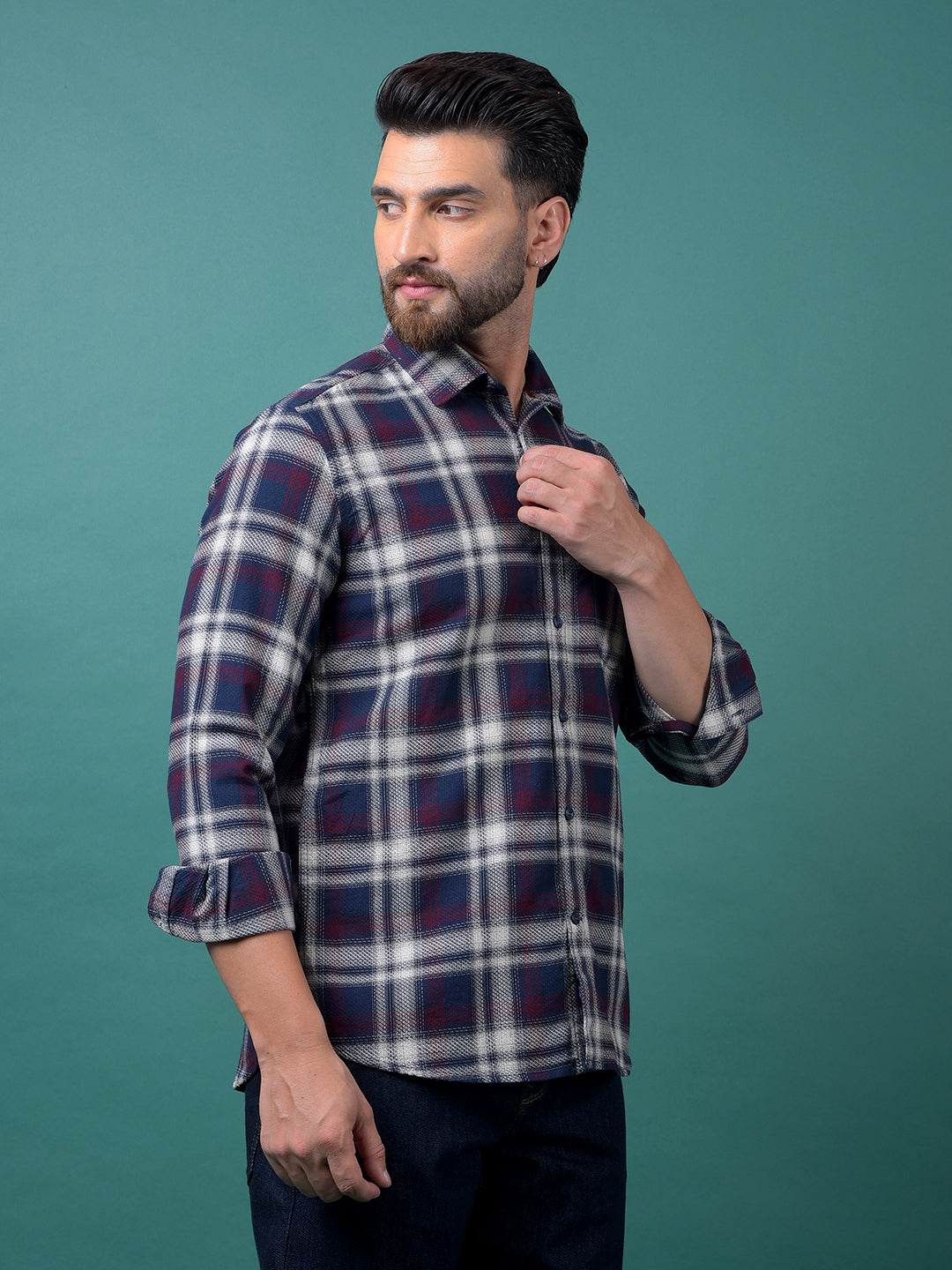 Navy Blue Checked 100% Cotton Shirt-Men Shirts-Crimsoune Club