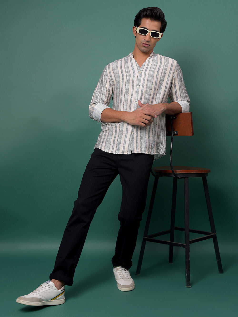 Grey Vertical Stripes V-Neck Kurta-Men Kurtas-Crimsoune Club
