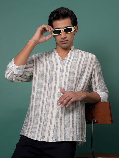 Grey Vertical Stripes V-Neck Kurta-Men Kurtas-Crimsoune Club