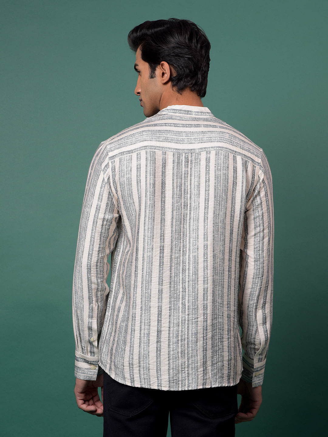 Grey Vertical Stripes V-Neck Kurta-Men Kurtas-Crimsoune Club