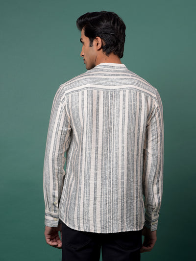 Grey Vertical Stripes V-Neck Kurta-Men Kurtas-Crimsoune Club