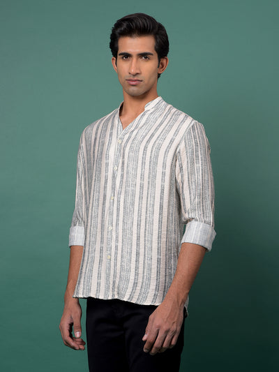 Grey Vertical Stripes V-Neck Kurta-Men Kurtas-Crimsoune Club