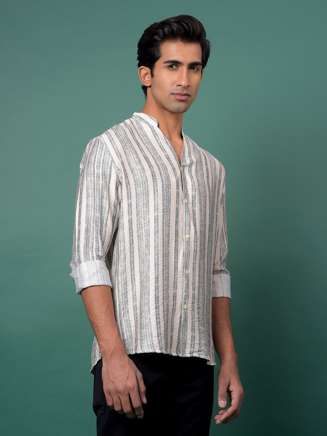 Grey Vertical Stripes V-Neck Kurta-Men Kurtas-Crimsoune Club